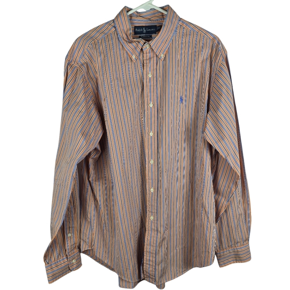 Lauren Ralph Lauren Mens Orange And Bleue Striped Long Sleeve Button Up Shirt Xl